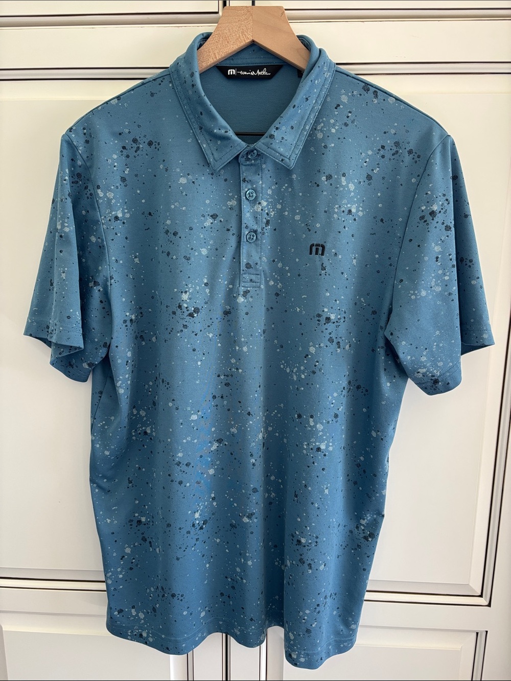 Travis Mathew Splatter Golf SS Polo Floral Blue Pique Performance Mens Large